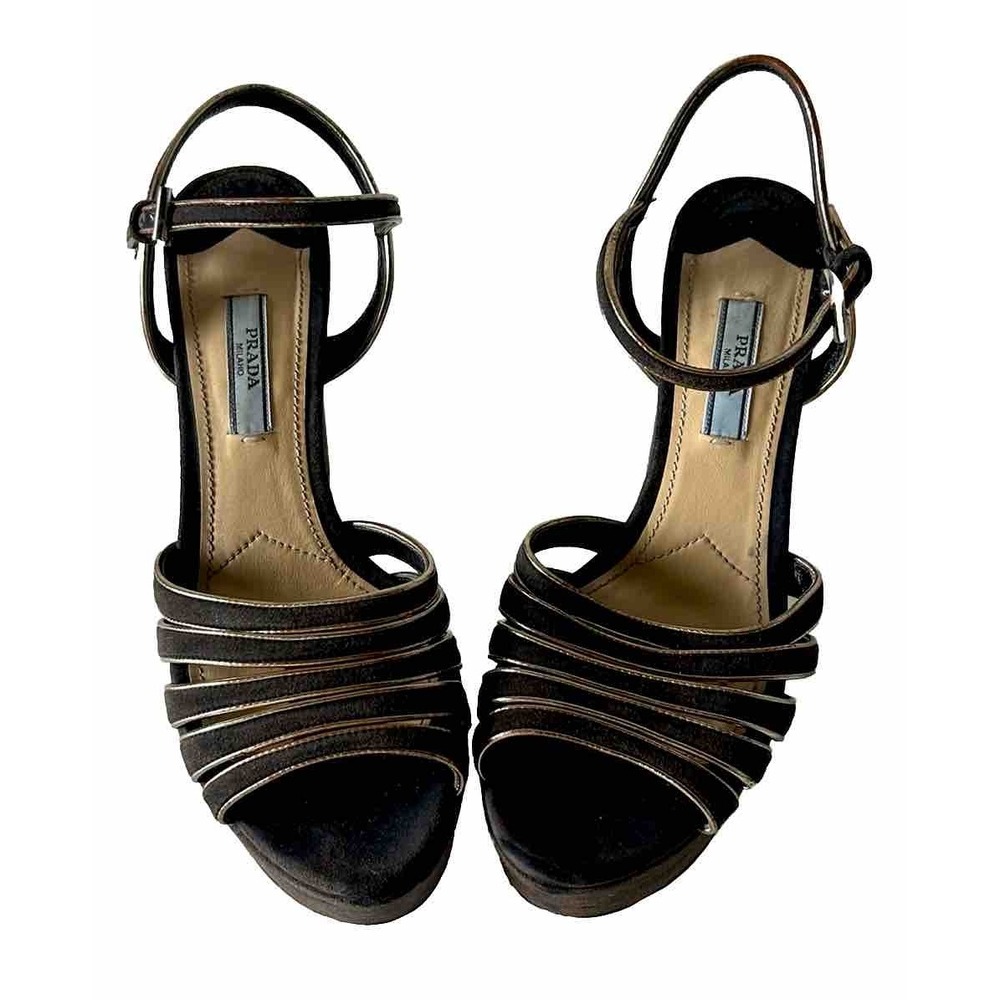 Prada Milano Donna Strappy Black/Gold Suede &Leather Platform Sandal Shoes 37 - Picture 2 of 14